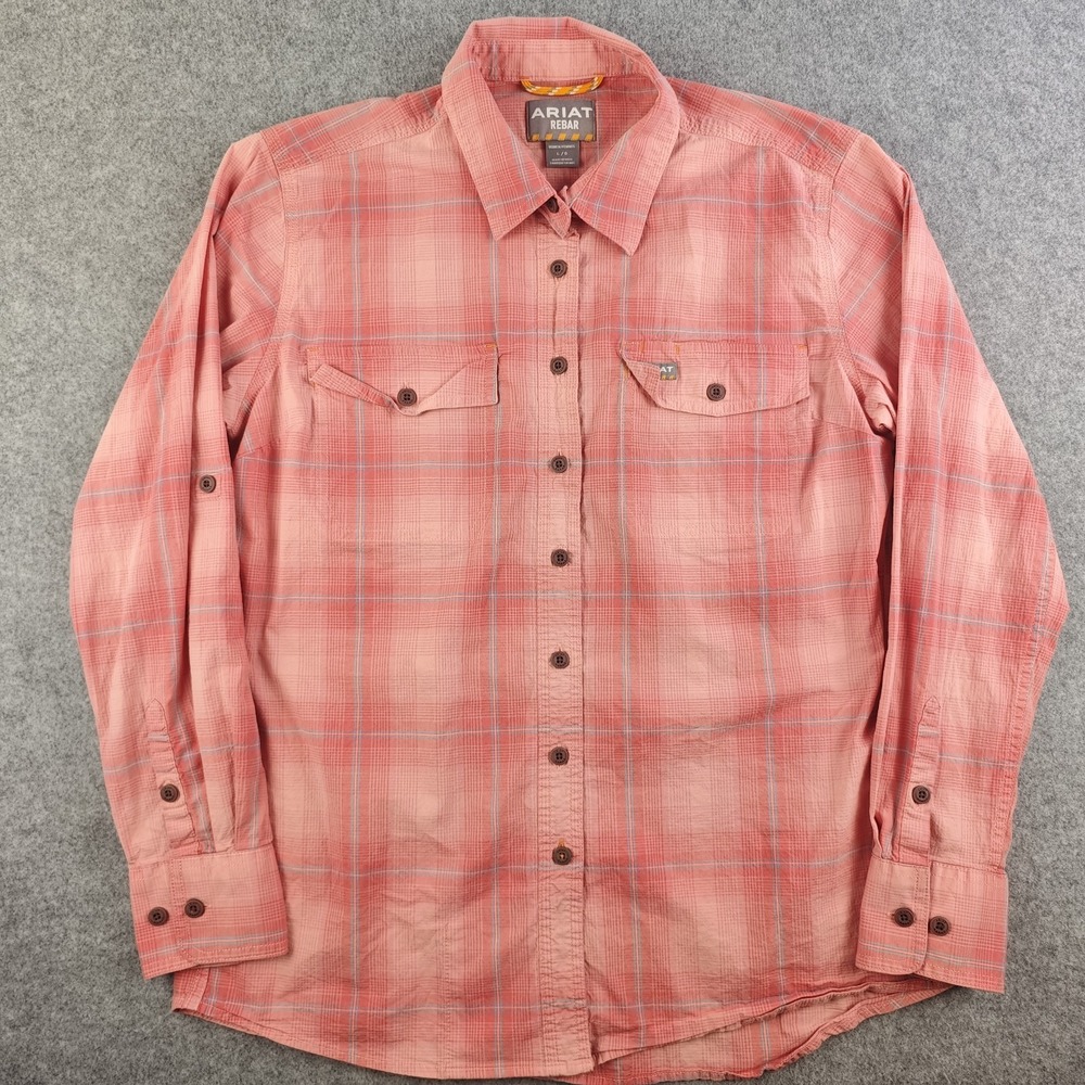 Ariat Rebar Shirt Women's Large Pink Plaid Long Sleeve Button Up Pockets